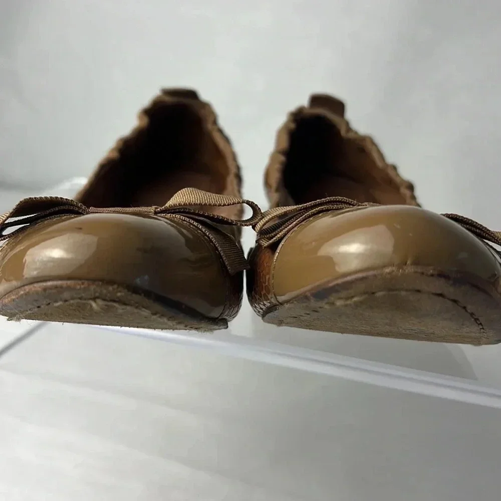 Tory Burch Leather/Fabric Bow Accent Ballet Slip-On Flats Brown Tan Size 9M